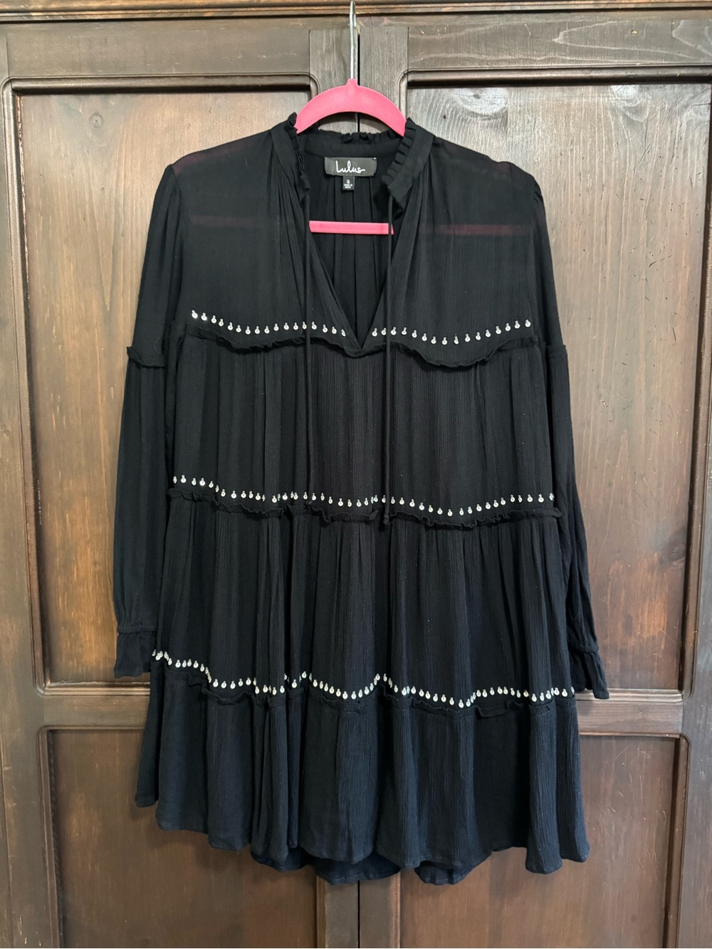 Lulu's Black Long Sleeve Tiered Mini Dress with Sequin Detail Boho